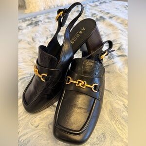 AEROSOLES Black Leather Slingback Mules with Gold Chain Detail - never worn
